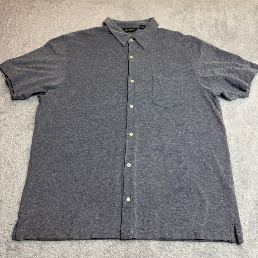 Eddie Bauer Button Down Shirt Mens XXL Blue Short Sleeve Pique Cotton Casual